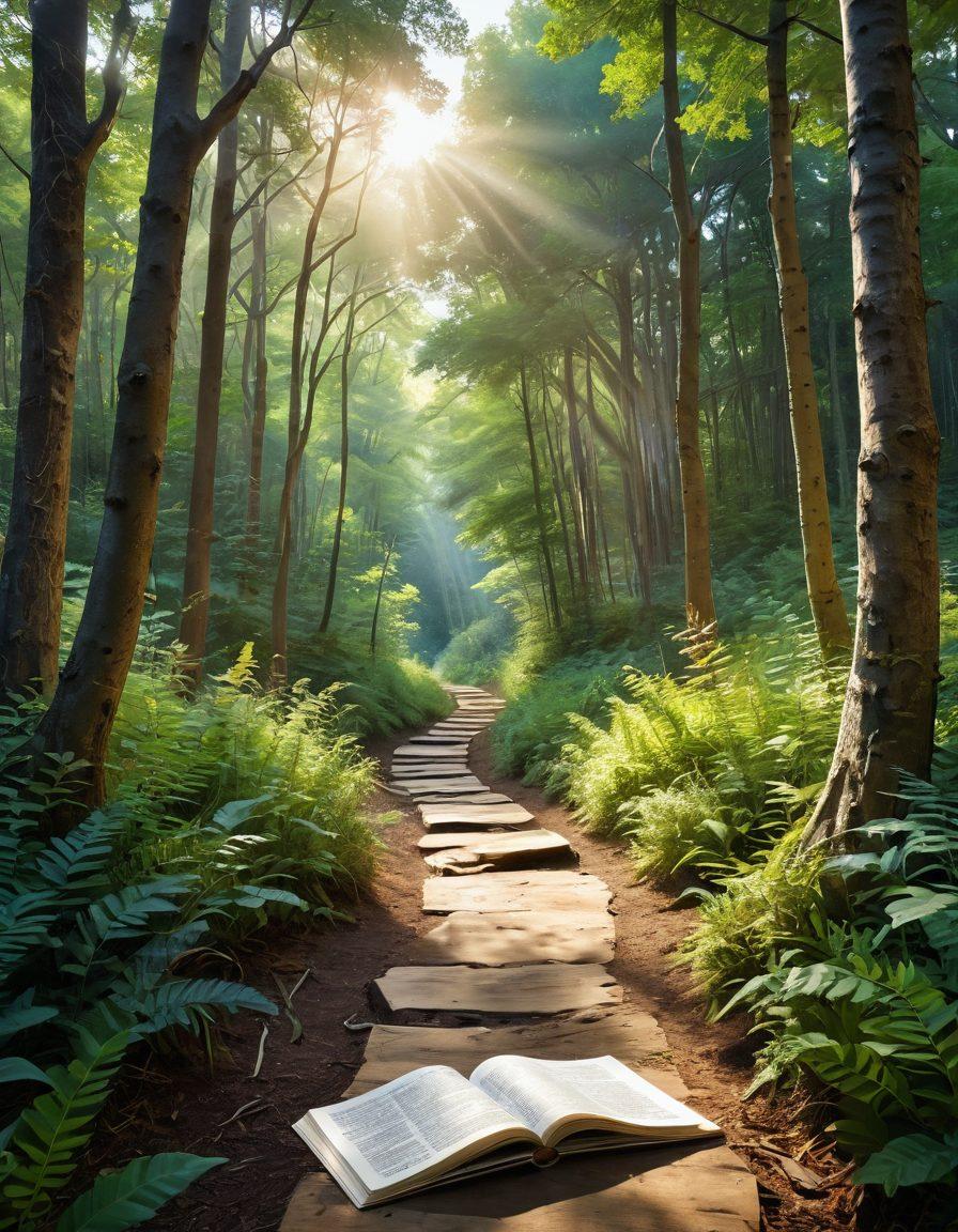A serene landscape depicting a winding path through a lush forest leading to an open sky, symbolizing the journey of life. Along the path, scattered journals, paintbrushes, and a guitar represent personal reflections and creative adventures. Soft sunlight filters through the trees, creating a warm and inviting atmosphere. The colors are vibrant and the details are rich, evoking a sense of exploration and inspiration. super-realistic. vibrant colors. 3D.