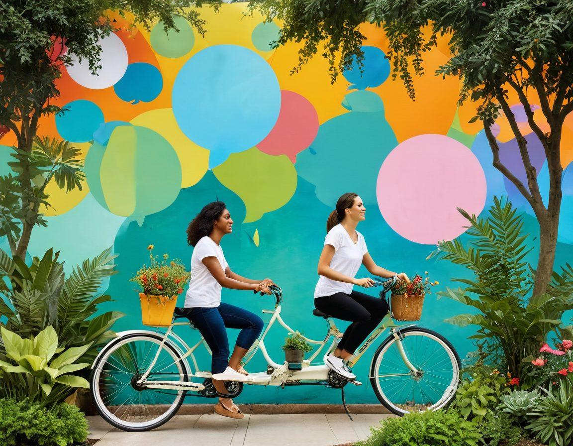 A vibrant collage showcasing various lifestyle choices: a person joyfully cycling through a park, another figure meditating in a serene room filled with plants, and a humorous moment of friends laughing over coffee at a café. Incorporate elements of creative writing like floating text bubbles with witty quotes or thoughts. The background should be a colorful blend of nature and urban settings, reflecting balance in life. vibrant colors. super-realistic. harmonious composition.