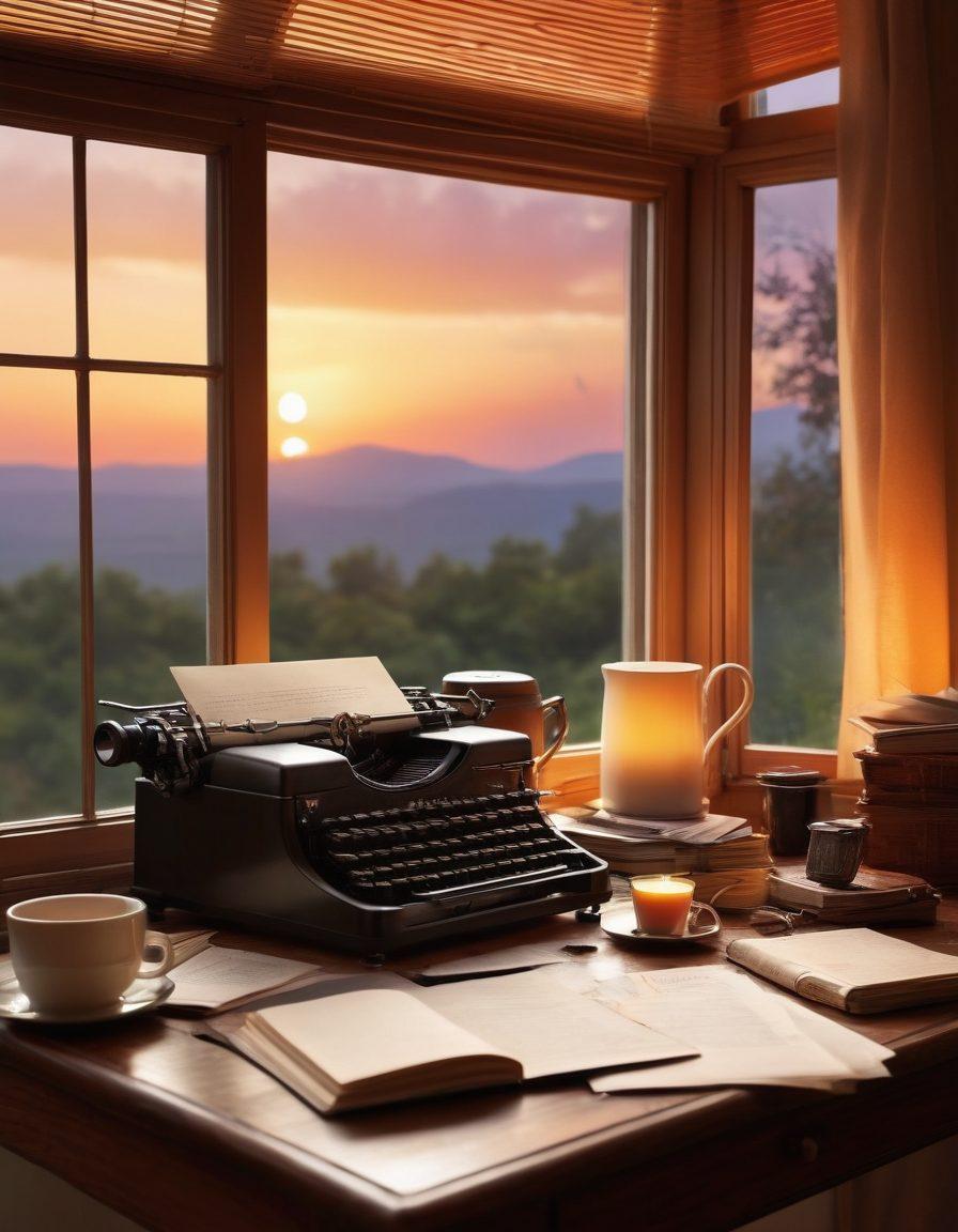A serene writing desk adorned with a vintage typewriter, scattered pages of handwritten notes, and a steaming cup of tea. In the background, a window shows a beautiful sunset, symbolizing both reflection and adventure. Include various travel mementos like postcards and a globe to enhance the storytelling vibe. evoke a warm, inviting atmosphere. super-realistic. vibrant colors. cozy ambiance.